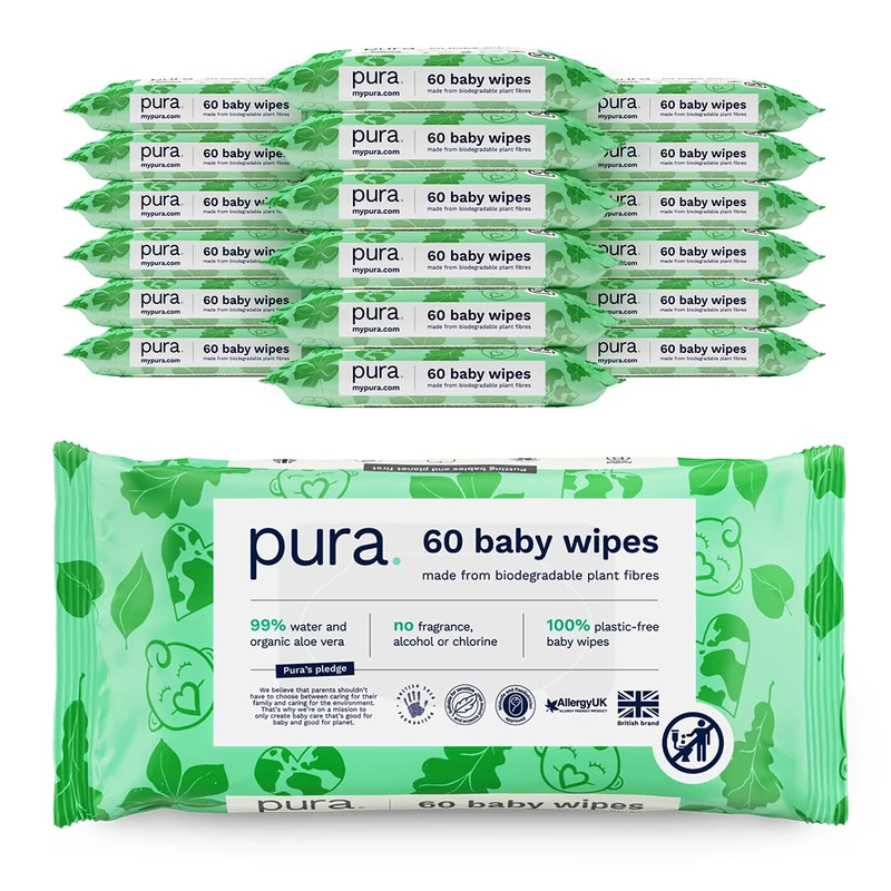 Pura Baby Wipes 18 Pack (1080 Total) - Plastic-Free & Biodegradable