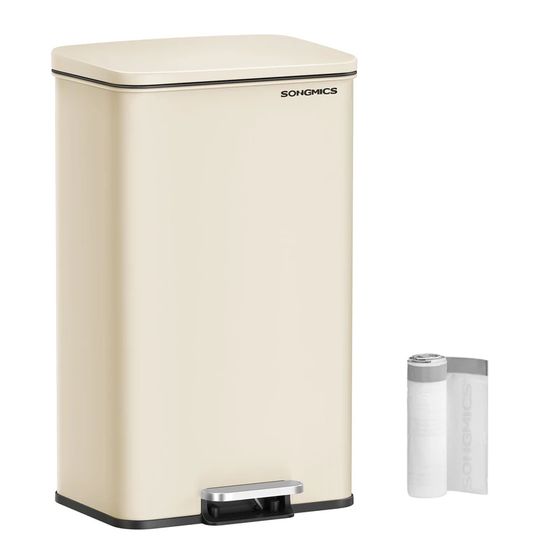 SONGMICS Kitchen Bin, 10.5 Gallon (40 L) Rubbish Bin, Large Step Bin with Lid, Steel, Soft Close, 15 Liner Bags Included, Sand Beige LTB540A02