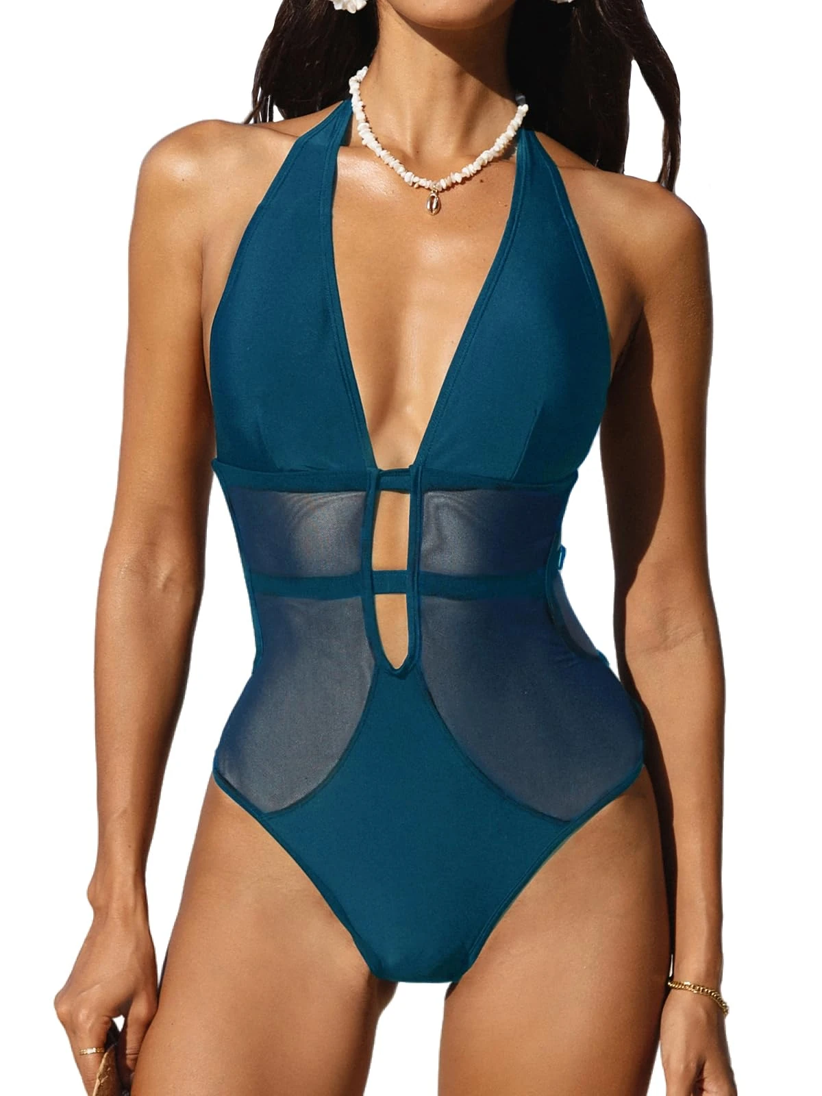 CUPSHE Women's One Piece Swimsuit Swimming Costume Deep V Neck Halter Back Tie Mesh Swimwear Blue M