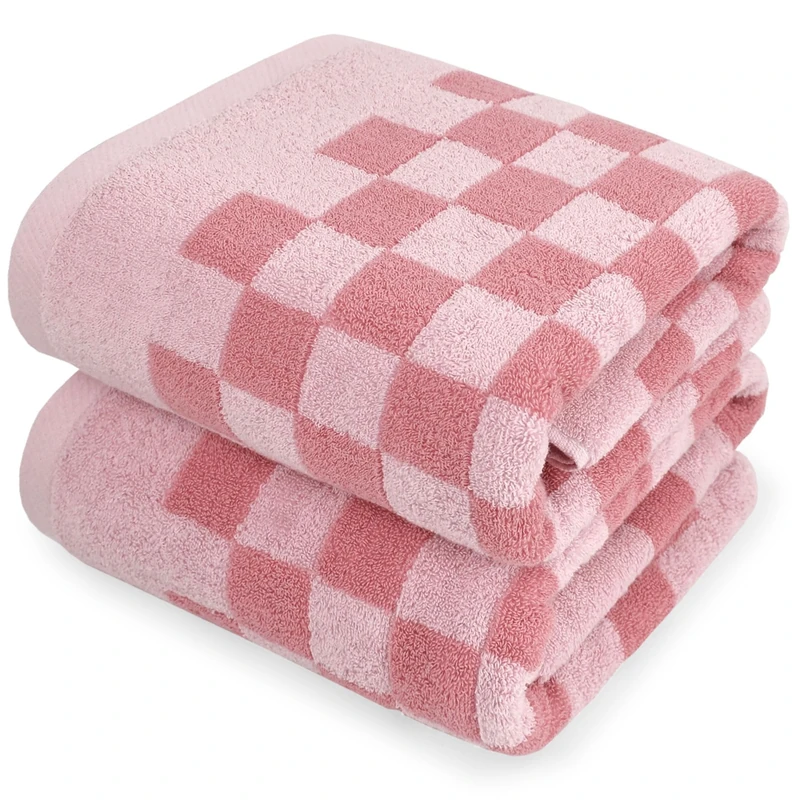Jacquotha Soft Bath Towels for Bathroom Beach Pool (Pink Checkered), Quick Dry Cotton Shower Towels Set of 2, Cute Funny for Her Women Girls, 27.5x55 Inches
