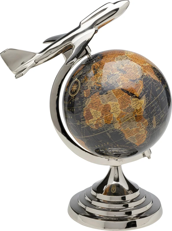 Kare Design Deco Object Globe Top Plane, Black/Silver, Aluminum, Elegant, Statue, Gift Idea, Decorative Home Accessories, Room Decor, Home Decor for Living Room, Home Office, 39x31x24 cm