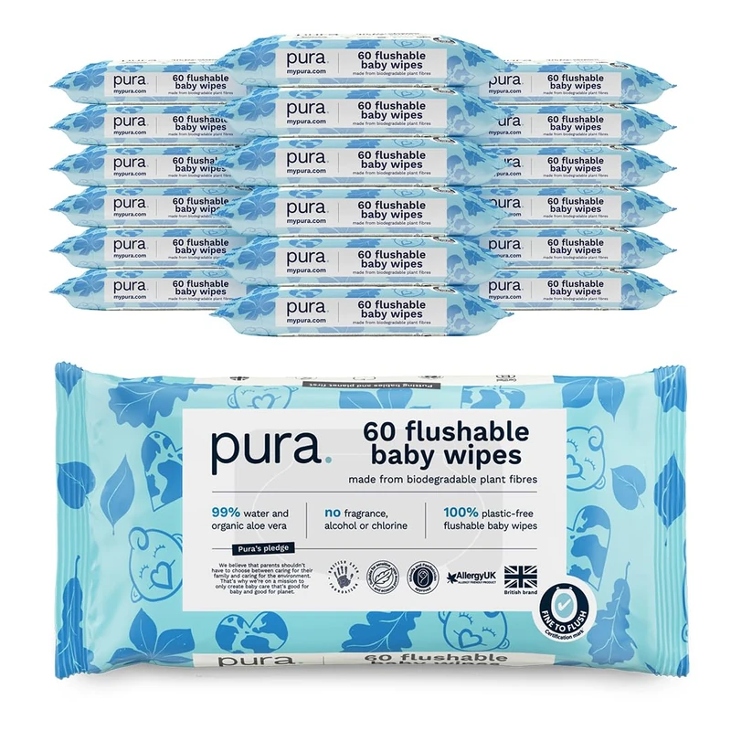 Pura Flushable Baby Wipes - 18 x 60 per pack (1080 Wipes) 100% Plastic Free, 99% Water, Biodegradable, Compostable, Vegan, Monthly Pack, Suitable for Sensitive & Eczema Prone Skin