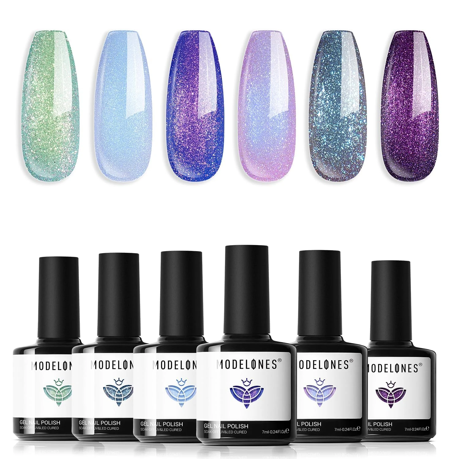 Modelones Gel Nail Polish 6 Colors Aurora Shimmer Glitter Gel Nail Polish Set Blue Purple Chameleon Gel Polish Soak Off Green Nail Gel Nail Art DIY Manicure Salon and Home for Women