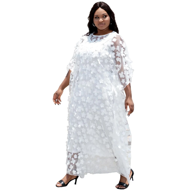 HD Afircan Women Applique Flower Dress Boat Neck Caftan Chiffon Gown One Size, White-flower2, One Size