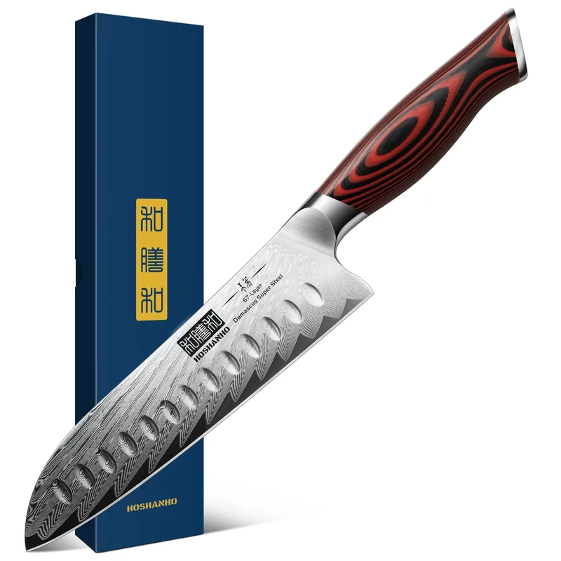 HOSHANHO Damascus Santoku Knife, 7 Inch Professiona Kitchen Knife，Damasucs Steel Ultra-Sharp Santoku Chef Knife with Ergonomic G10 Handle