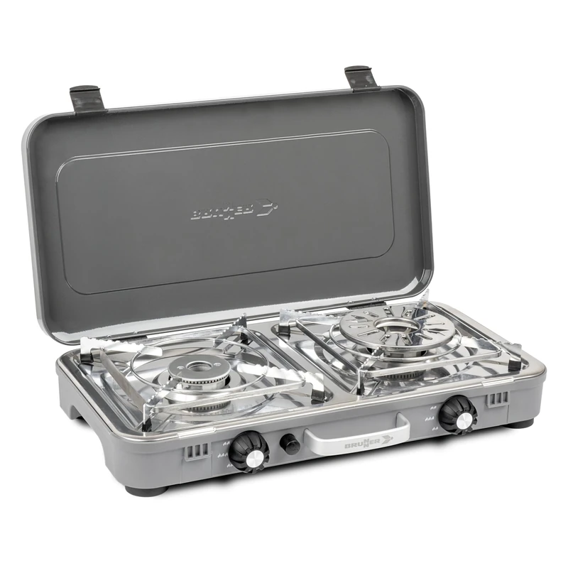 BRUNNER Devil KOOKMASTER Gas Stove 2 Burners Stainless Steel Surface Piezo Ignition with Handle and Lid for Outdoor Adventures, 30 mbar, Power 2.4 kW x 2