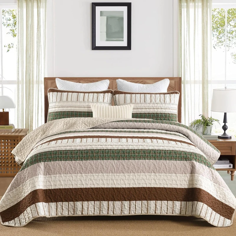 DJY Striped Quilt Set Full Size, Boho Brown Green Striped Bedspread Coverlet Set Soft Microfiber Patchwork Quilt Bedding Set 3 Pieces for All Season(78"x90")