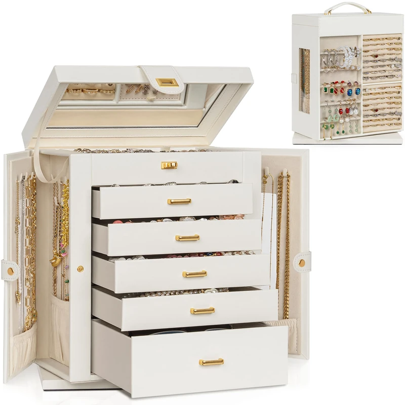 AKOZLIN Jewelry Box 6-Tier Organizer Functional 360° Rotating Jewelry Storage Case for Women Girls Ring Necklace Earring Bracelet Holder with Mirror