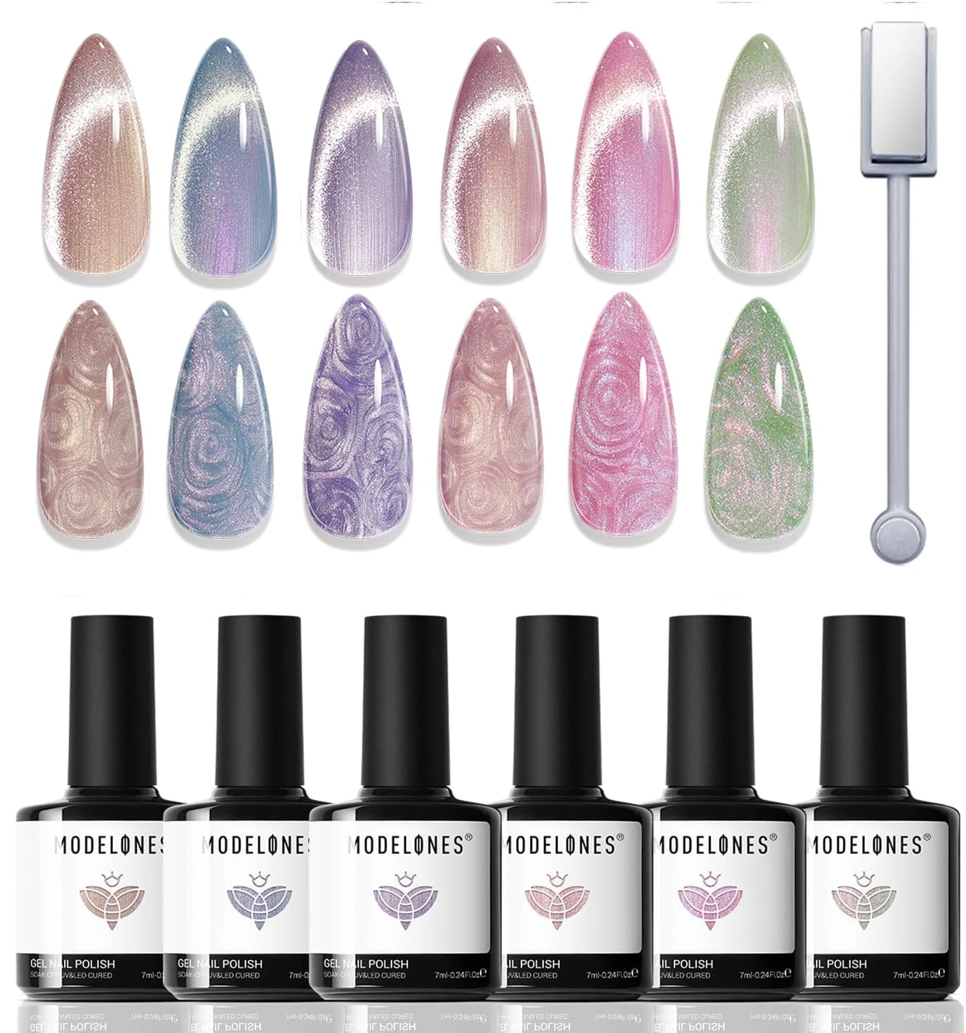 Modelones Cat Eye Gel Nail Polish, 6 Colors Pearl Magnetic Set with Magnet, Shimmer Mermaid Swirl Shell Purple Pink Blue Glitter, Summer DIY Manicure Gift for Women