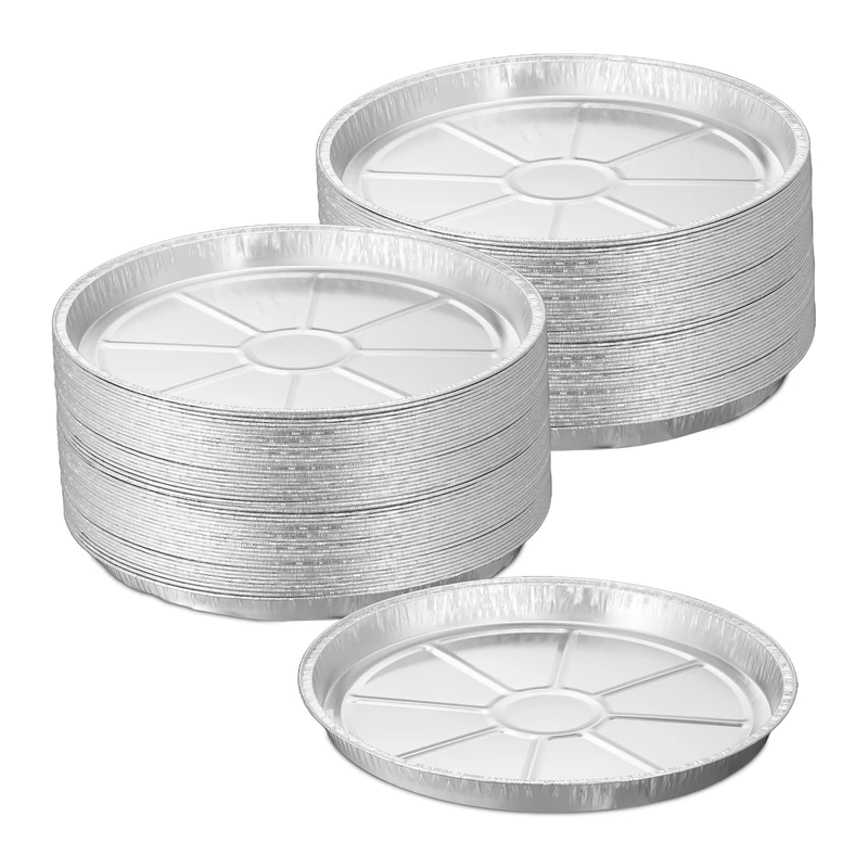 Relaxdays Set of 50 Aluminium Plates, HxØ: 2.5 x 27.5 cm, Round, Catering, BBQ Drip Tray for Indirect Grilling, Silver