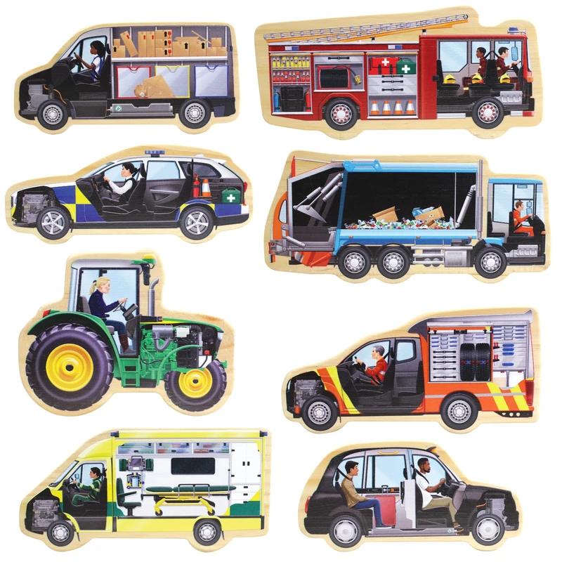 Yellow Door set of 8 Look Inside Community Vehicles Wooden Characters |early educational learning | toy cars | emergency vehicles | recycling lorry |small world pretend play set