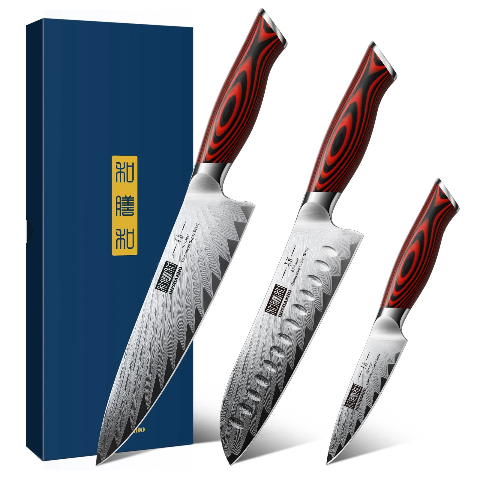 HOSHANHO 3 Pieces Damascus Kitchen Knife Set Ultra-Sharp Knives Set, Professional Chef Knife Set with G10 Ergonomic Handle,Gift Box