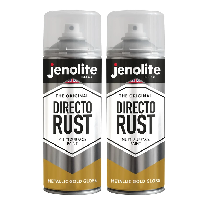 JENOLITE Directorust Metallic Gloss Spray Paint | GOLD | 2x400ml | Multi-Surface Gold Spray Paint for Metal, Wood, Plastic | All-In-OnePrimer, Undercoat and Topcoat | Interior & Exterior