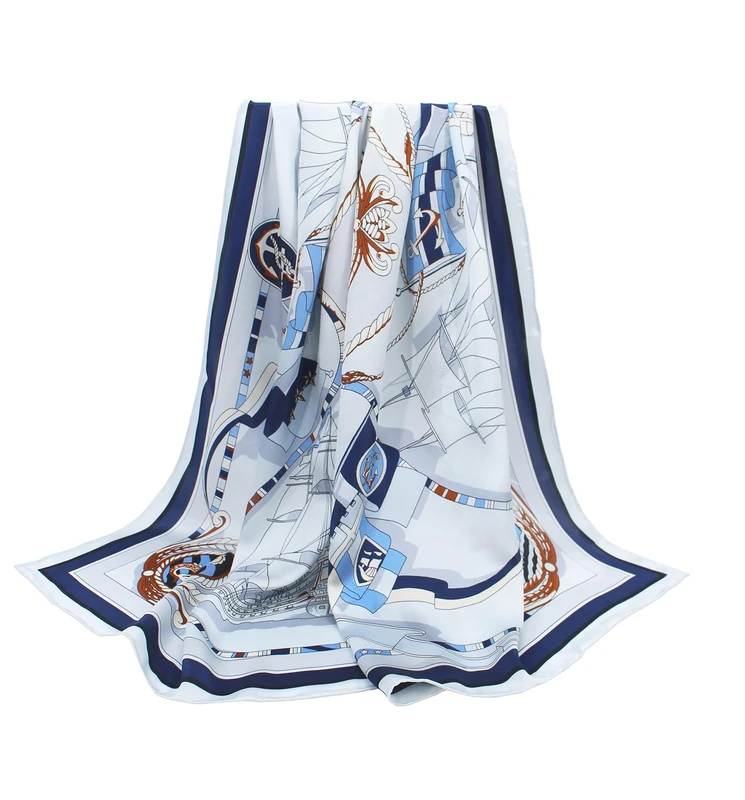 ANDANTINO 100% Silk Scarf 43" Large Square Lightweight Headscarf& Shawl–Women Hair Wraps-With Gift Packed, Nautical-blue&white, Large