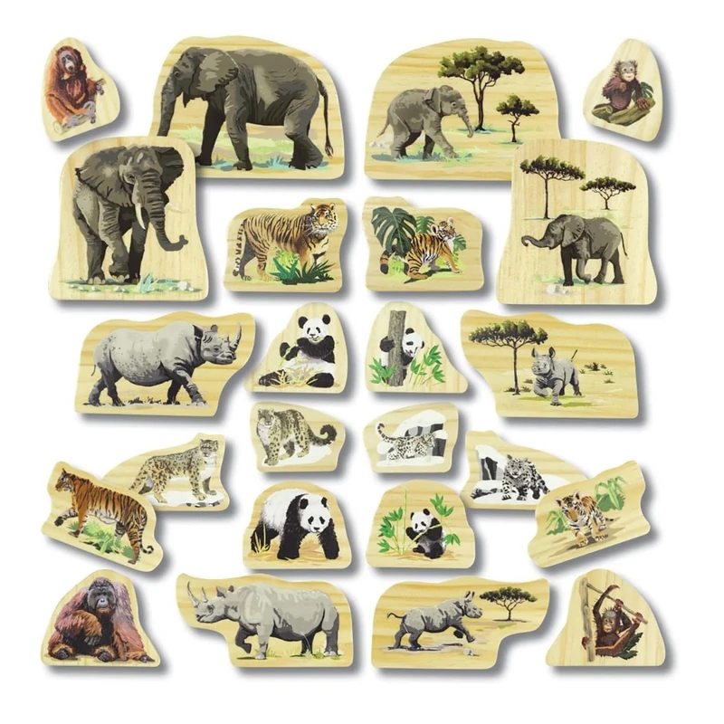Yellow Door set of 12 Endangered Animal Families Wooden Characters | early educational learning | safari jungle animals toy figurine | small world pretend play set