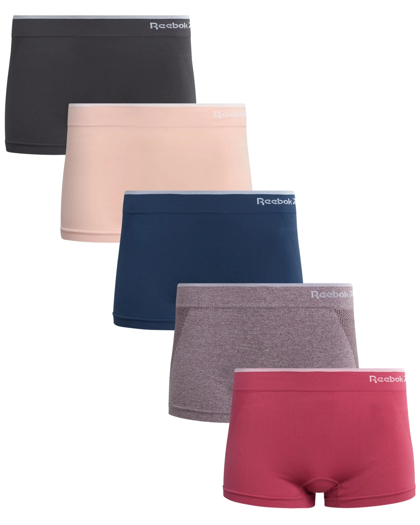 Reebok Women's Boy Shorts Underwear - 5 Pack Stretch Performance Boyshort Panties - Seamless Underwear for Women (S-XXL), Fox/Glove/Lotus Fig/Denim/Blackened Pearl, S