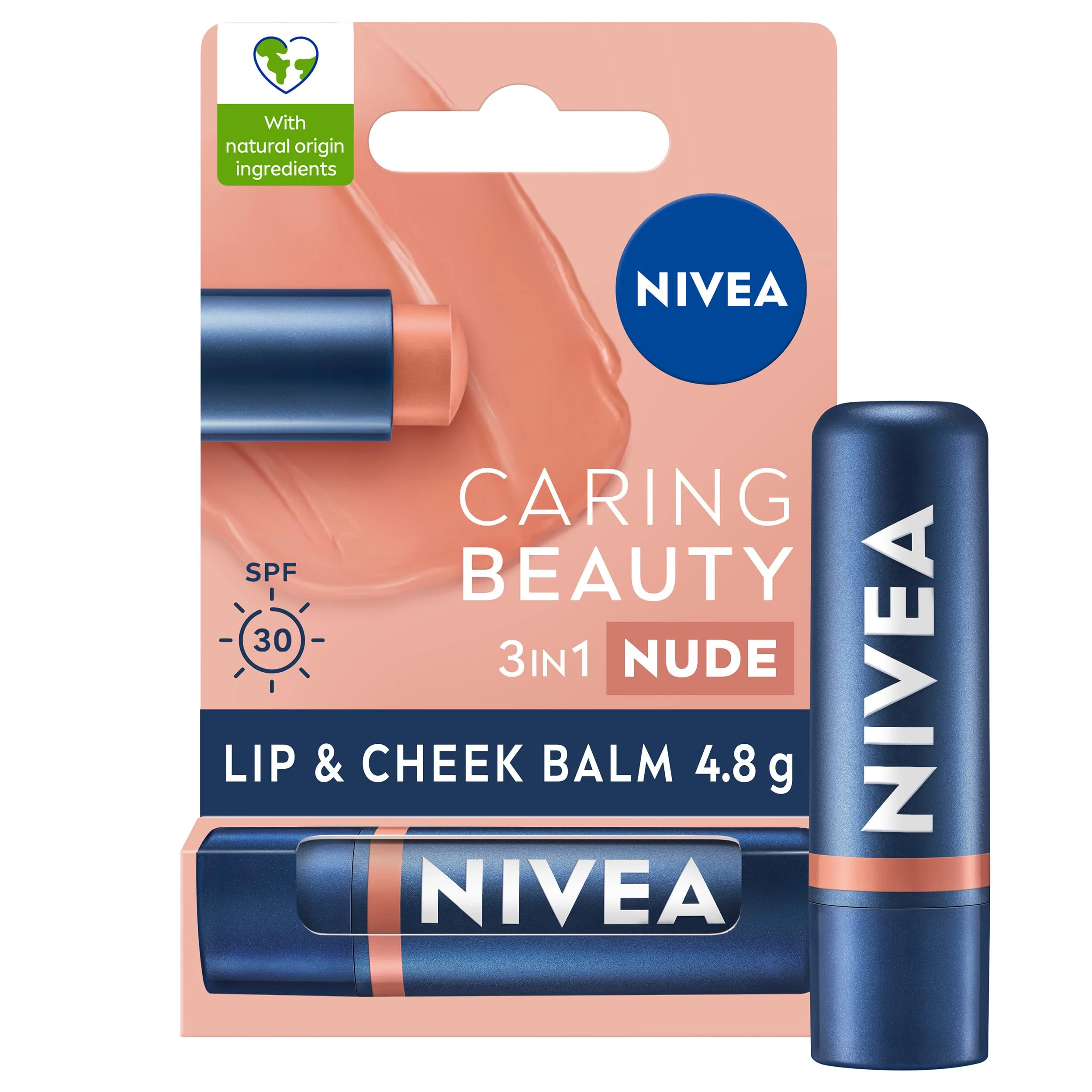 NIVEA Caring Beauty Nude Lip Balm SPF30 (4.8g), 3-in-1 Buttery Lip and Cheek Tint, Rich Colour and 24H Moisturisation with SPF 30 Protection