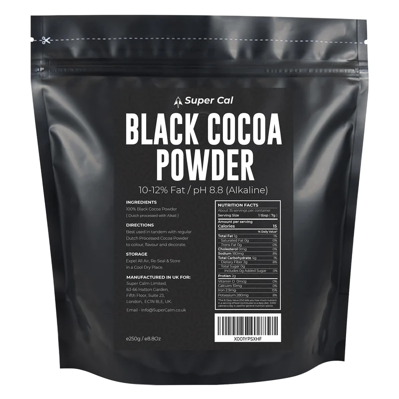 Black Cocoa Powder for Baking - 250g Pouch | Intense Deep Black Dutch Processed Unsweetened Cocoa Powder | pH 8.8 (Zero Bitterness) with 10-12% Fat | Super Cal