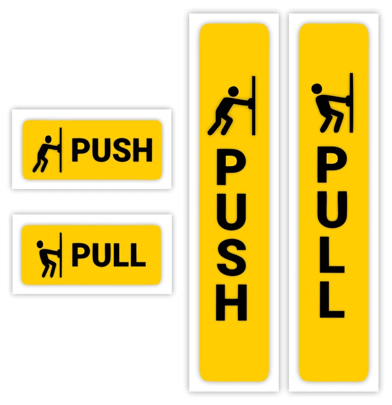 Two Pairs (4 pieces) Self-Adhesive Push Pull Door Signs for Commercial Premises (4 Pack Mixed Sizes) / Gloss Vinyl Sticker Push And Pull Signs For Doors/Removable And Wipeable (YELLOW)