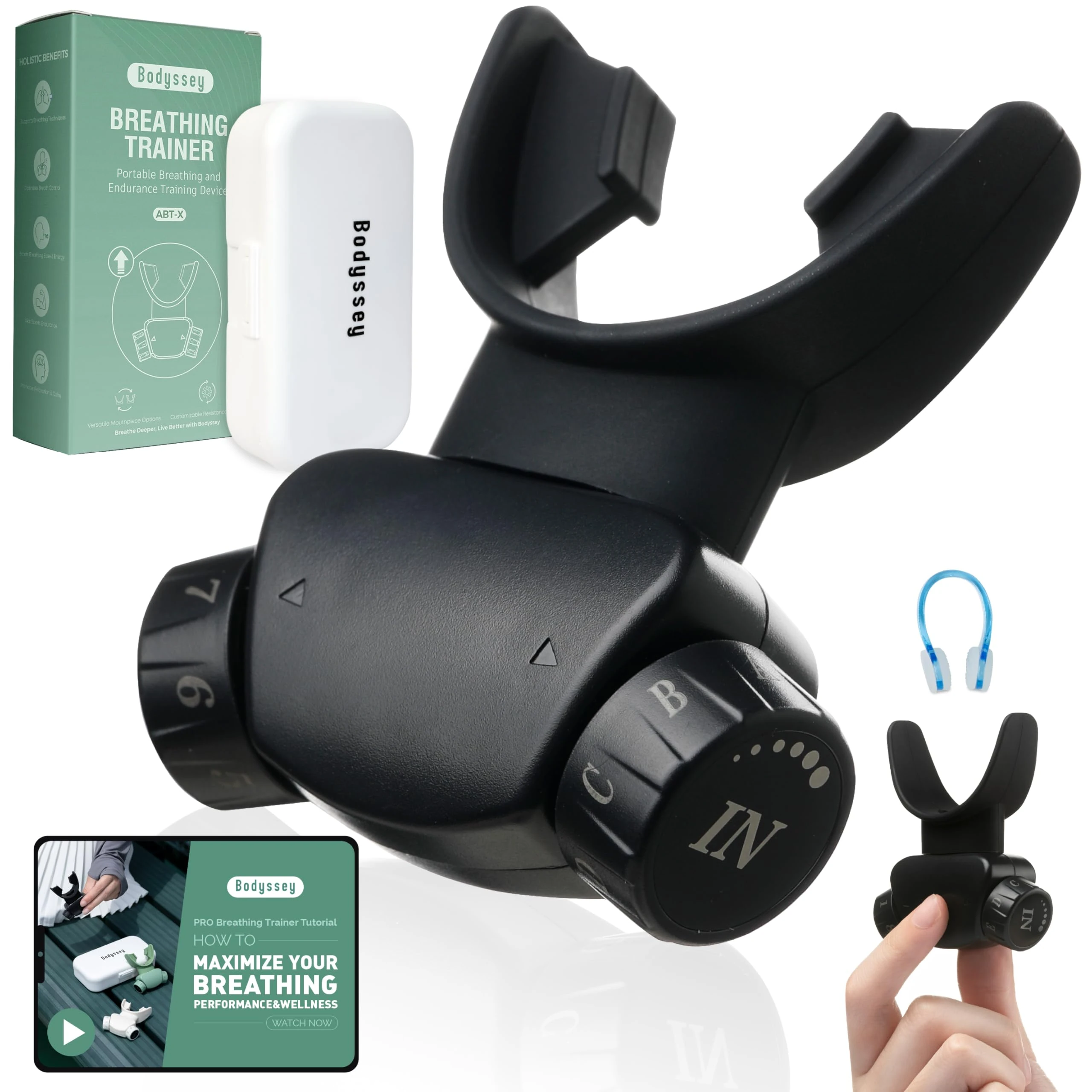 Bodyssey Adjustable Respiratory Trainer, Handheld Breathing Exercise Device with Dual Mouthpieces, Independent Resistance Settings for Enhanced Breathing Techniques (Matte Black)