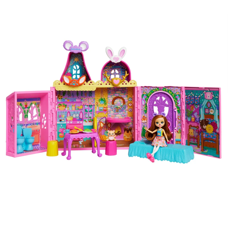 Enchantimals Friendship Fun House Dollhouse Playset with Furniture, 1 Doll and Best Friend Pet, Includes 7 Play Areas and 24 Accessories, HXL53