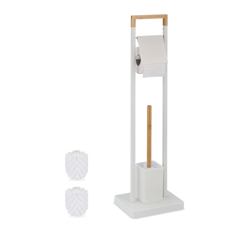 Relaxdays WC Set, Bamboo, Stainless Steel, Free-Standing, 2 Spare Heads, Toilet Roll & Brush Holder, White/Natural, 77 x 23 x 18 cm