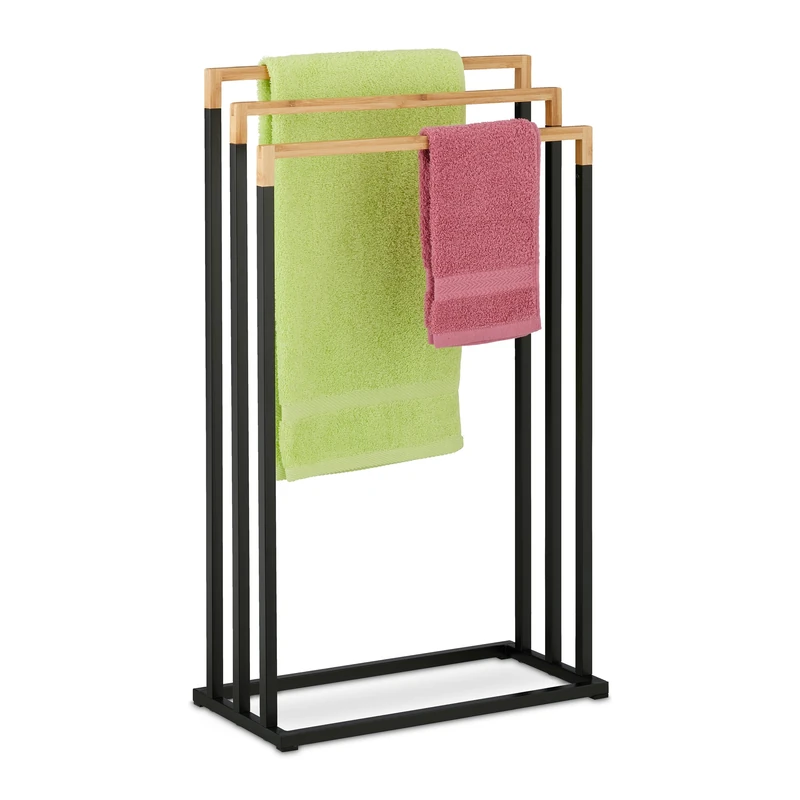 Relaxdays Towel Rail, 3 Staggered Bars, Airer, Dryer, HWD: 76 x 45 x 21.5 cm, Bathroom Stand, Bamboo, Natural/Black, Iron