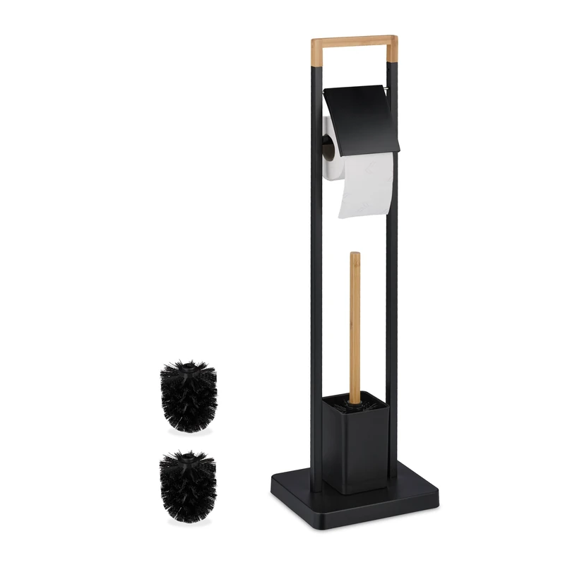 Relaxdays WC Set, Bamboo, Stainless Steel, Free-Standing, 2 Spare Heads, Toilet Roll & Brush Holder, Black/Natural, 77 x 23 x 18 cm
