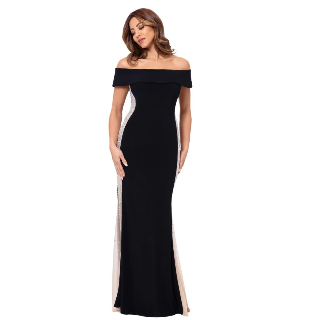 Xscape Women's Off The Shoulder Beaded Bodycon Formal Maxi Dress Special Occasion, Black Nude Silver, 8