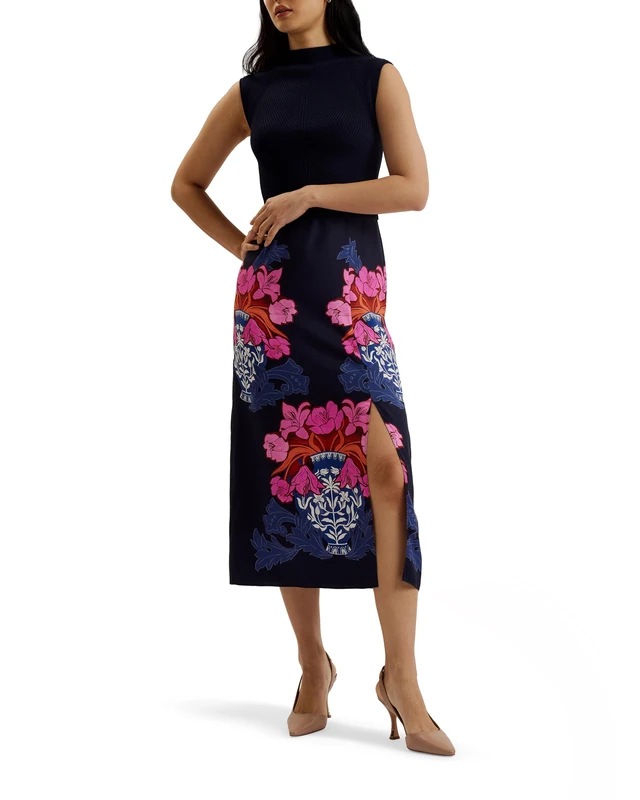 Ted Baker London VALAIS-Knitted Bodice with Printed Woven Skirt, DK-Blue