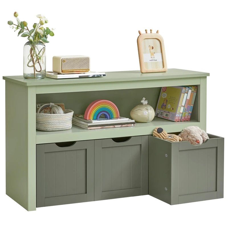 VASAGLE Toy Storage Unit With Wheels, 30 x 102 x 60 cm, Kids Bookcase, 3 Drawers, for Living Room, Children's Room, Playroom, Laurel Green LHS380C02