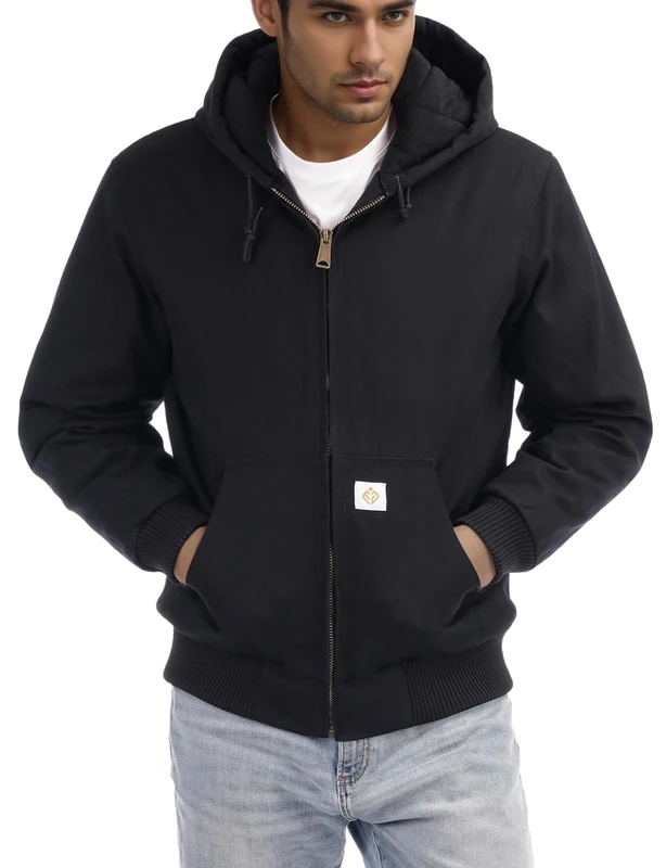 TUAOVA Men's Loose Fit Quilted Flannel Lined Workwear Waterproof Insulated Active Jacket Hooded Work Coat, Black, XXL