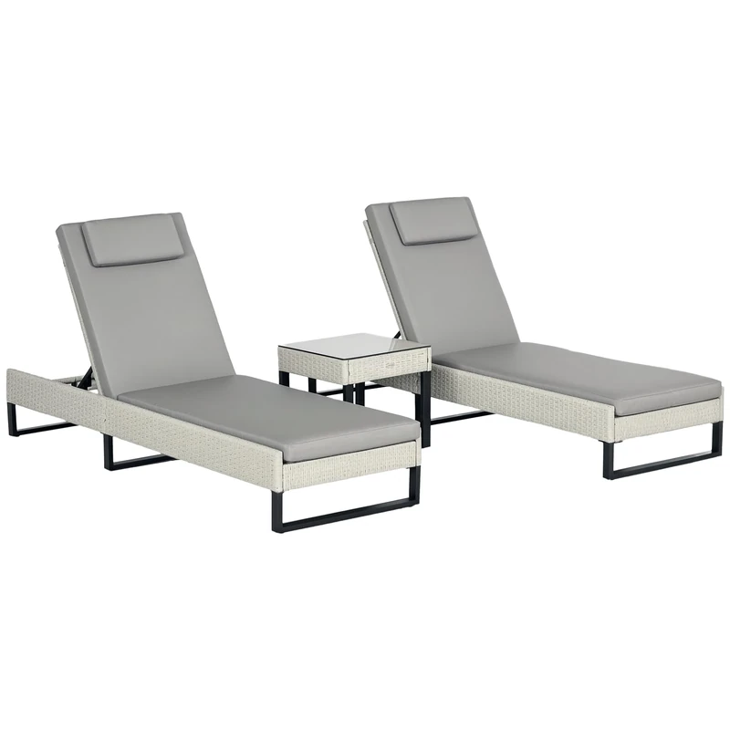Outsunny 3-piece PE Rattan Sun Lounger Set with Adjustable 5-Position Recliner, Patio Chaise Lounge Chair Set with Cushions, Headrests, Glass Top Square Coffee Table, Light Grey