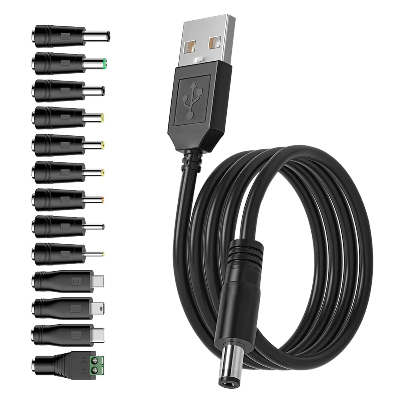 USB to DC Male Cable, 13 in 1 Universal USB A to Hollow Plug Charging Cable Power Cable Adapter Cable with 13 Plugs for Philips Hue Hub, Cameras, LED Strips, Router, TV Box (1.5 m Black)