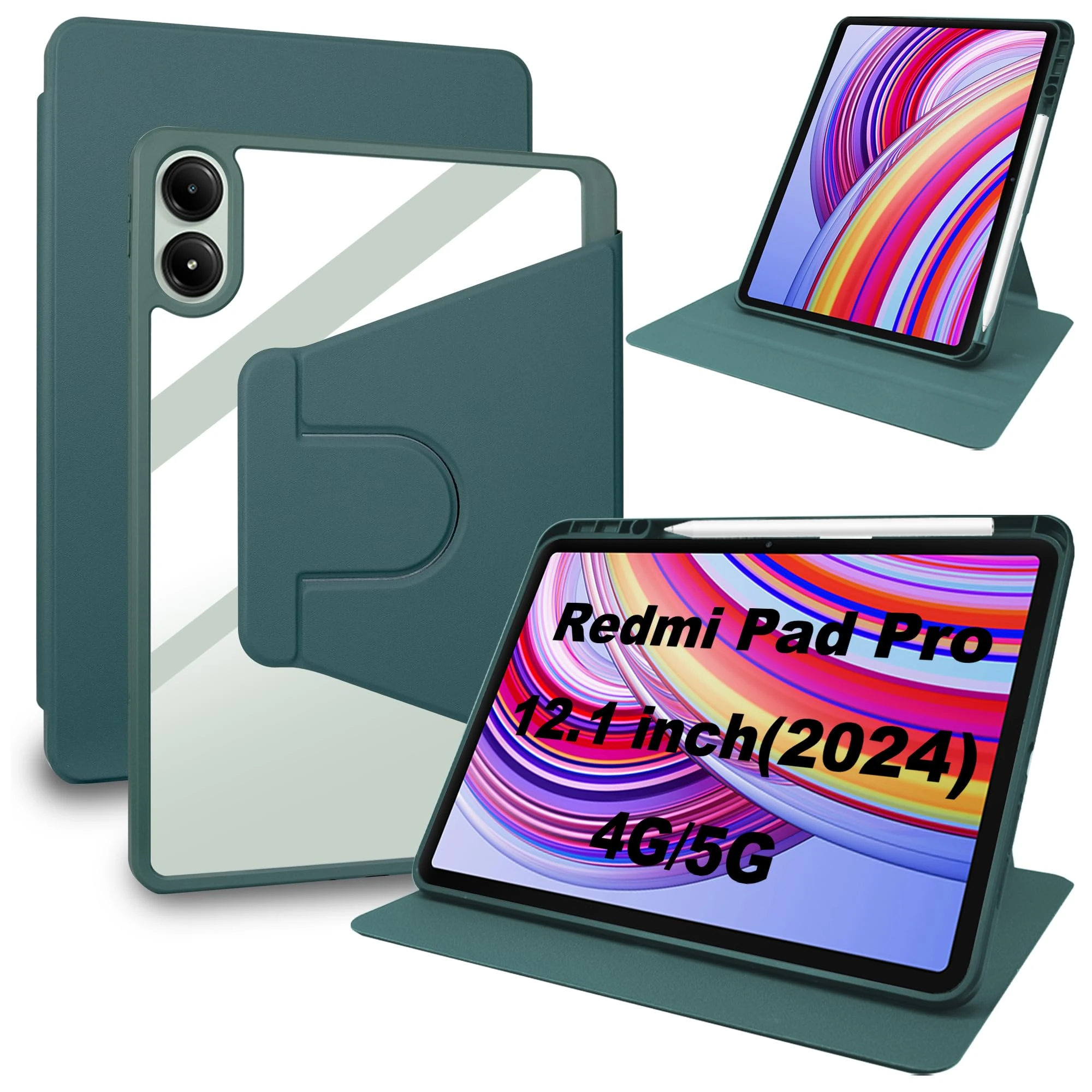 Lemxiee PU Leather Cover for Xiaomi Redmi Pad Pro/Xiaomi Poco Pad Case,Acrylic + PU Leather Case Protective Cover with rotating stand/pen slot/Anti-scratch for Xiaomi Redmi Pad Pro -Green