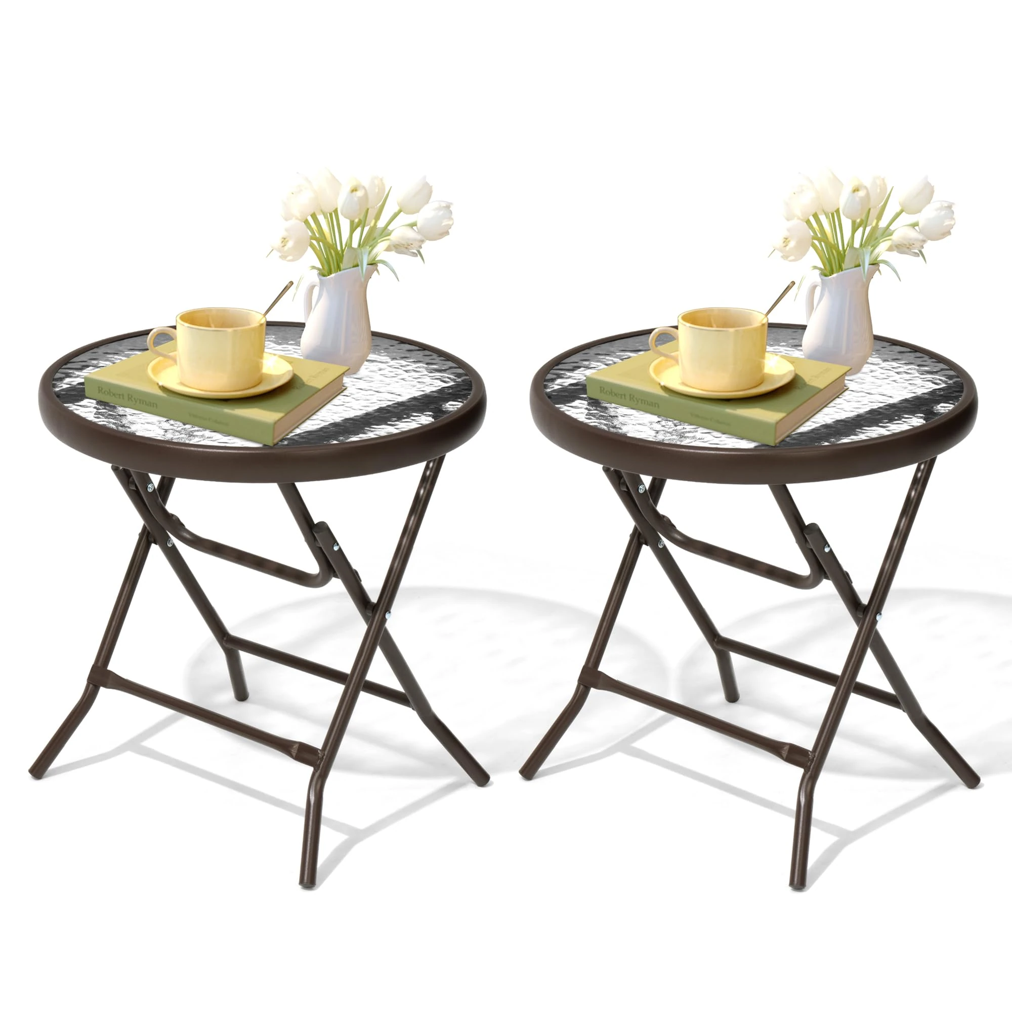JOINHOM 2 Pieces Outdoor Side Table - Small Patio End Table All Weather, Patio Furniture Sets and Outside Furniture for Pool, Balcony, Deck, Porch, Brown