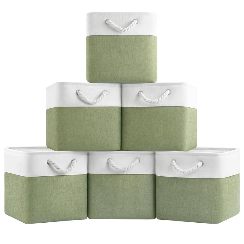 Patvingot 11x11 Cube Storage Bins, 6 Pack Foldable Fabric Organizer Bins with Rope Handles, Storage Cubes for Organizing Bedroom, Living Room, Clothes and Toys, Shelves and Closet (White & Green)