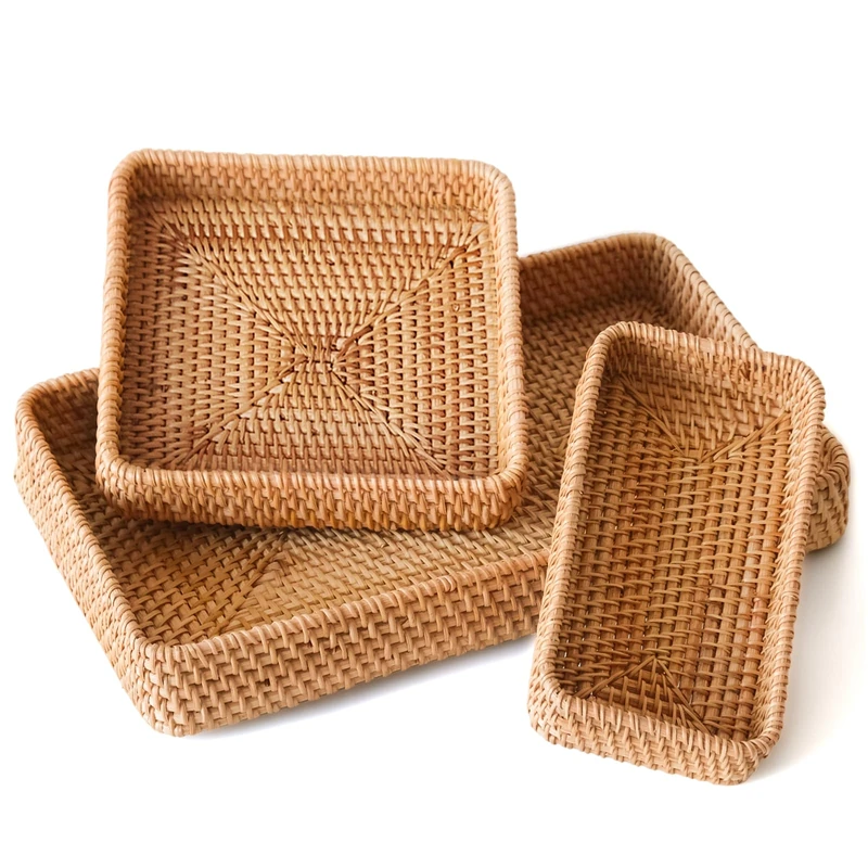 S310 Rattan Serving Tray, Set of 3 Rectangular Woven Tray, Natural Wicker Decorative Serving Baskets for Organizing Tabletop Bathroom Kitchen Counter (Natural) - Image 1