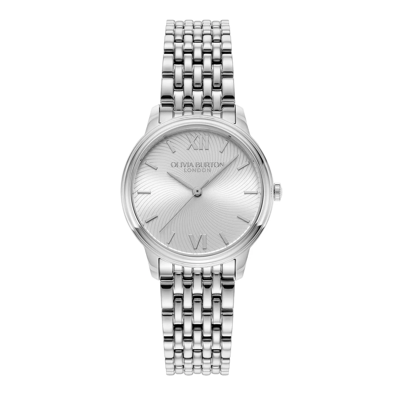 Olivia Burton Three Hand Quartz Movement Watch for Women Classic Swirl Collection with Silver Stainless Steel Bracelet - 24000129