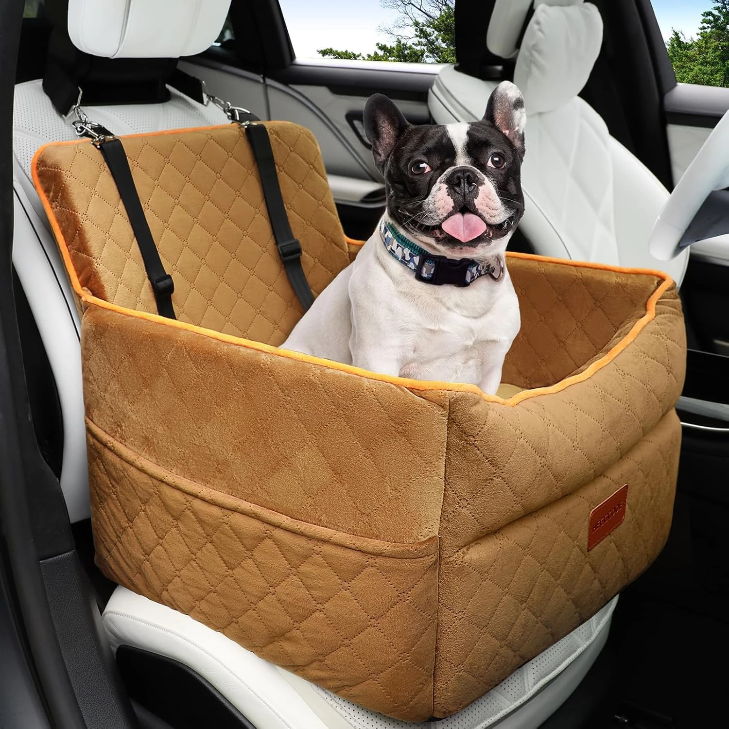 HEGGCOOE Small Dog Car Seat, Memory Foam Dog Booster Seats with Thick Cushion for Small Medium Dogs Under 35lbs, Detachable Washable Pet Car Seat with Storage Pockets,2 Safety Belts