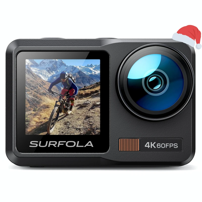 Surfola SF630 Action Cam 4K 60FPS, Underwater Camera 40 m Bare Metal Waterproof Camera 10 m, WiFi, Ice Helmet Camera, Dual Screen with External Microphone, 2 x 1350 mAh Batteries and battery dock
