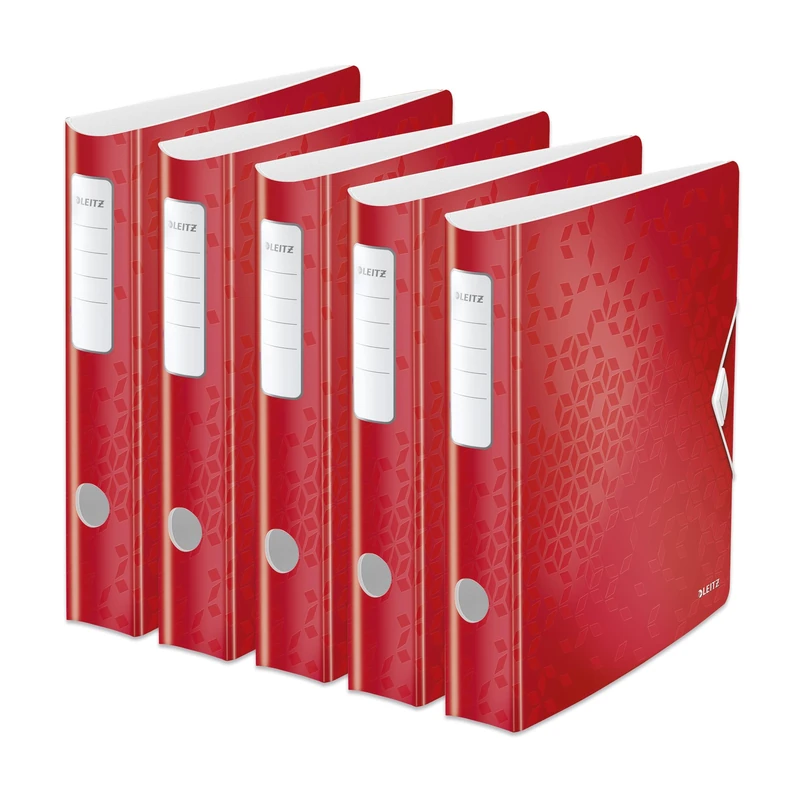 Leitz Wow 11070026 Metallic Red A4 Binder, Curved Spine, 65 mm Width, Elastic Attachment, Lightweight Polyfoam Material