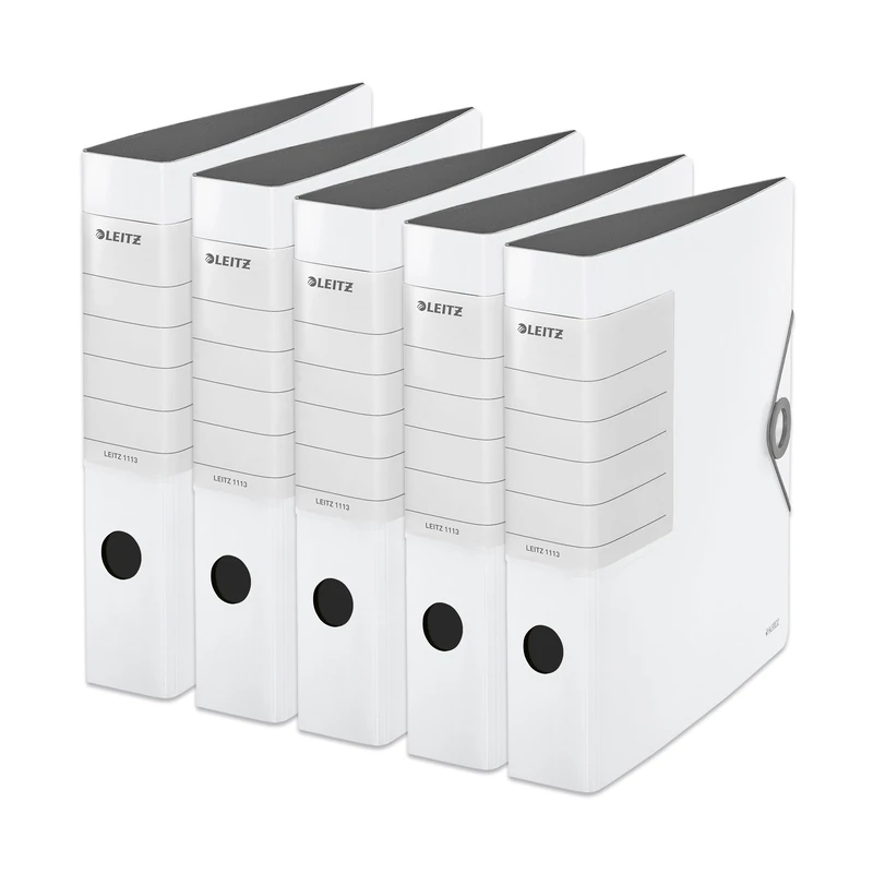 Leitz Quality Folder 180° Solid, Pack of 5, A4, Slim, White, 6.2 cm Spine Width, Elastic Closure, Robust Polyfoam, Extra Wide, Interchangeable Spine Label, 11130001