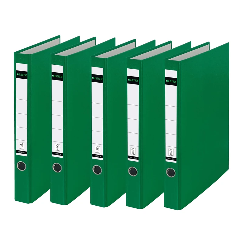 Leitz 10140055 Plastic Ring Binder Without Slots A4, Pack of 5, Green, 3.5 cm Spine Width, PP Laminated Cover