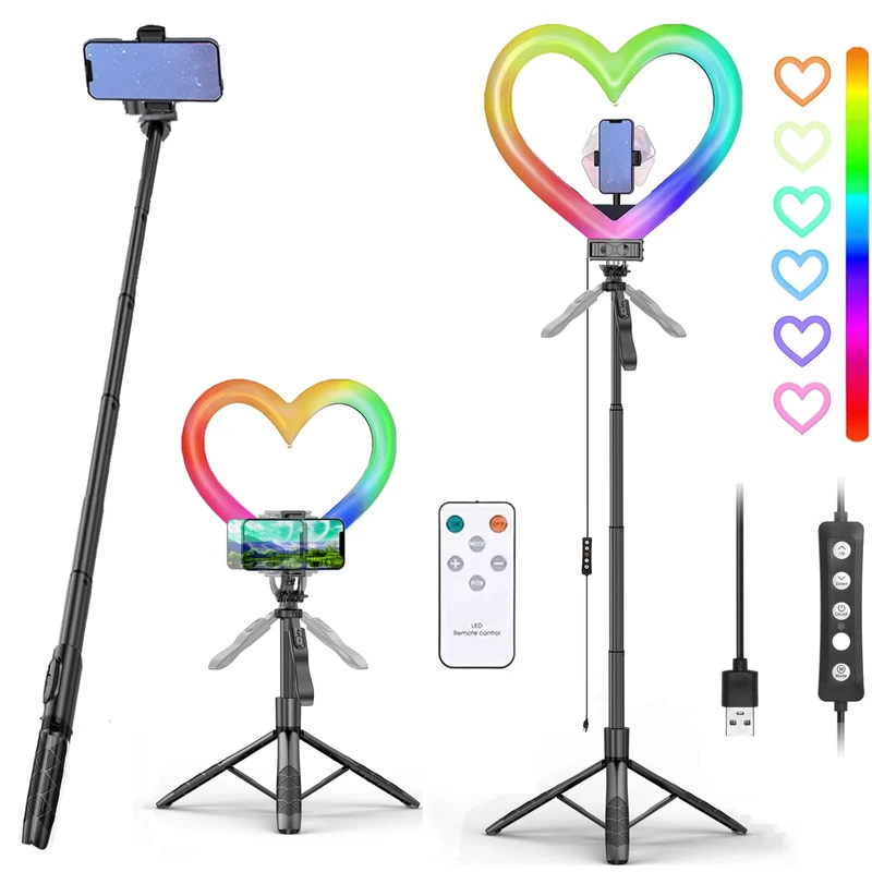 VeloZap Heart Ring Light, 12" RGB LED Heart Ring Light with Stand Heart Shaped Selfie Ring Light with Phone Holder for Live Stream/Makeup Compatible with All Phones
