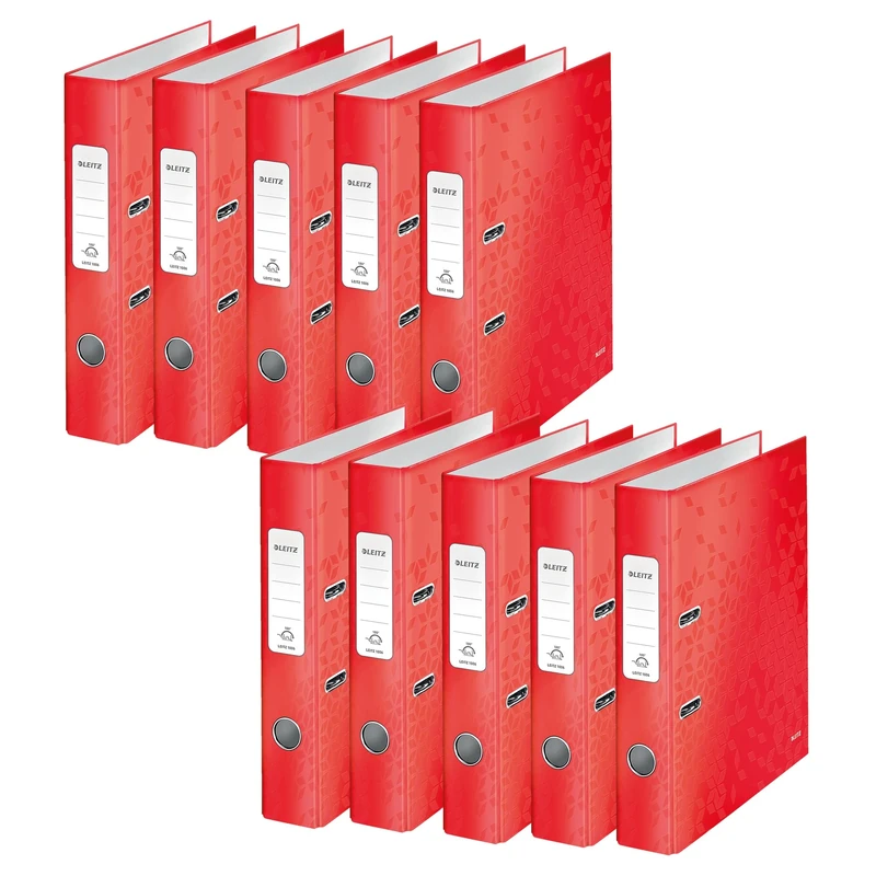 Leitz Wow Series 10060026 Quality Folder 180° Pack of 10 DIN A4 Lever Arch Folders 5 cm Spine Width with 180° Precision Mechanism and Self-Adhesive Spine Label with Laminated Surface Red