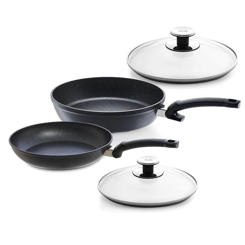 Fissler Adamant 4-Piece Pan Set (1x Adamamt Classic 24 cm and 1x Adamant Comfort 28 cm) + Glass Lid, Coated Aluminium Pans Non-Stick Scratch-Resistant - Suitable for Induction Cookers