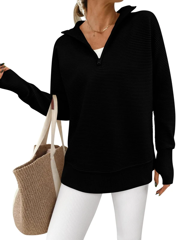 PRETTYGARDEN Womens Long Sleeve Quarter Zip Pullover Sweater Casual Loose V Neck Collared Ribbed Knit Jumper Tops Thumb Hole, Black, XL
