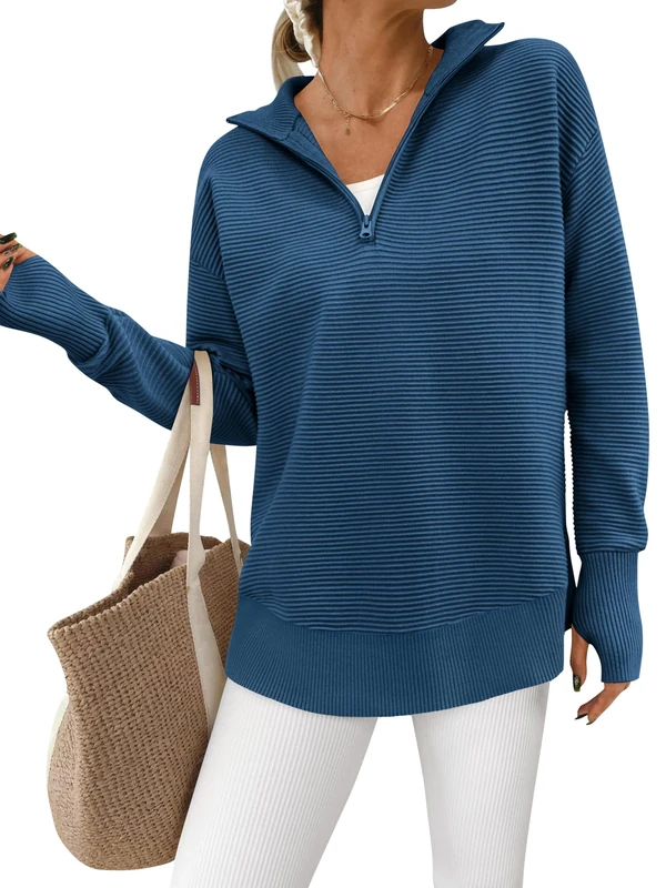 PRETTYGARDEN Womens Long Sleeve Quarter Zip Pullover Sweater Casual Loose V Neck Collared Ribbed Knit Jumper Tops Thumb Hole, Dark Blue, XL