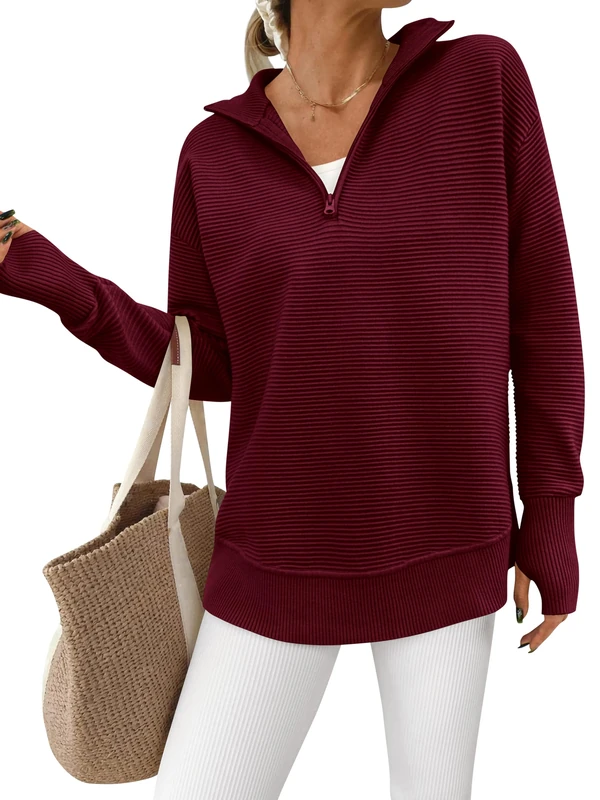 PRETTYGARDEN Womens Long Sleeve Quarter Zip Pullover Sweater Casual Loose V Neck Collared Ribbed Knit Jumper Tops Thumb Hole, Wine Red, M